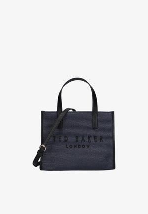 Navy blue textured tote bag with black handles and detachable shoulder strap, featuring "Ted Baker London" embossed on the front.