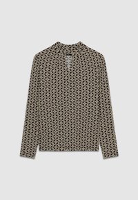 Long-sleeve blouse in black with a geometric cream pattern, featuring a high neckline and a keyhole opening at the back.