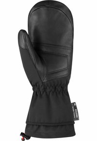 Schwarze Lederhandschuhe mit einer weichen, strukturierten Innenfläche, isoliertem Stoffbund und elastischem Zugverschluss am Handgelenk für einen sicheren Sitz.
