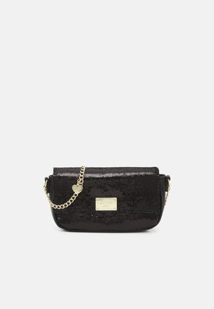 Black sequined clutch bag with gold chain strap and rectangular gold logo plaque on front.