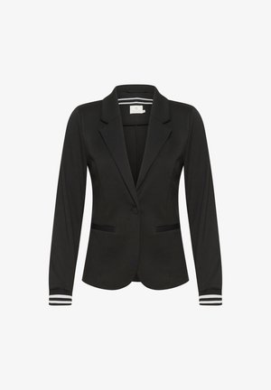 Black blazer with a tailored fit, featuring a notch lapel, two front pockets, and striped accents on the cuffs. Made from a smooth fabric.