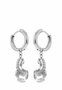 Silverfärgade hängande örhängen som har detaljerade skorpionberlocker. Designen inkluderar en glänsande, polerad yta och texturerade kroppsdetaillo.