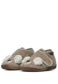 Šedé plstěné pantofle se zaobleným tvarem, huňatými bílými pom-pomy a vyšitými detaily obličeje. Nastavitelný pásek pro bezpečné uchycení. Plochá podrážka.