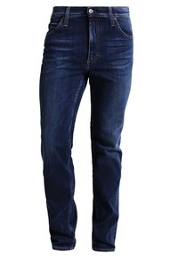 Mörkblå jeans i denim med en klassisk rak ben-design, med fem fickor, knappstängning och kontrasterande sömnadsdetaljer.