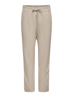 Beige straight-leg trousers with elastic waistband and front drawstring, featuring subtle front pleats and casual style.