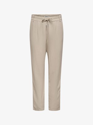 Bež ravne hlače s športnim pasom z elastičnim trakom in sprednjim vrvico, z nežnimi sprednjimi gubami in priložnostnim slogom.