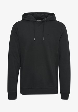 Melnā kapuce, kas izgatavota no mīkstas auduma, ar auklu kapuci, ribotām piedurknēm un mazu logotipu izšūtu uz krūtīm. Vienkāršs dizains.