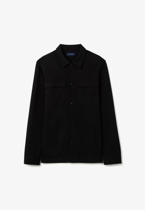 Schwarze Knopfleiste Jacke aus weichem Stoff. Verfügt über zwei Brusttaschen, seitliche Taschen und ein klassisches Kragen-Design.