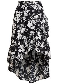 Mustat kukkakuosiset hameet, joissa on valkoisia kukkia, röyhelökerroksia ja epäsymmetrinen helma. Kankaan näyttää olevan kevyt ja siinä on joustava vyötärö.