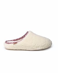 Teksturna papuča krem boje od mekog, pahuljastog materijala, s ukrasnim rubom u maroon i bijelim uzorkom duž otvora.