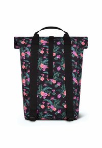 Sac à dos avec un motif floral en rose, violet et vert sur un fond noir. Dispose d'un design à enroulement et de deux bretelles noires.
