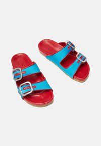 Plave i crvene sandale s dva remena, metalnim kopčama, gumenim potplatom i glatkom teksturom. Imaju izreza i otvoreni dizajn na leđima.