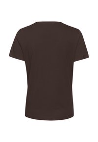 T-shirt in cotone marrone con maniche corte e scollatura rotonda, caratterizzata da un design semplice e una trama liscia, vista da dietro.