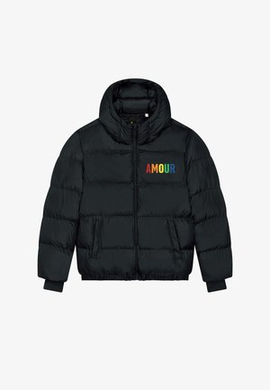 Giacca a vento nera con collo alto, chiusura con zip e maniche con polsini. Presenta la scritta multicolore "AMOUR" sul petto a sinistra.