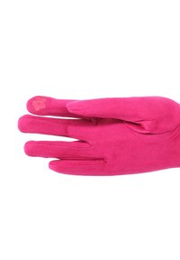 Guanto rosa brillante con tre dita allungate e un piccolo fiore ricamato sulla punta dell'indice su sfondo bianco.