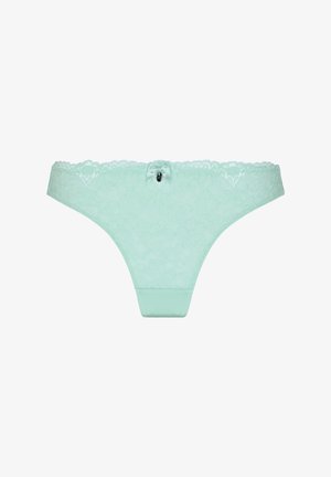 Hellgrüner Spitzen-String mit gezackten Kanten und einer kleinen zentralen Schleife mit einem dunklen Edelstein.