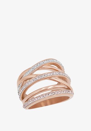Rose gold ring with wavy design, featuring multiple bands set with clear rhinestones along the edges for added sparkle and texture.