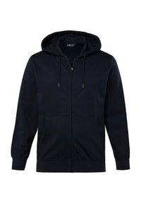 Felpa con zip di colore blu navy realizzata in tessuto morbido, con cappuccio regolabile, tasche frontali e polsini e orlo a coste.
