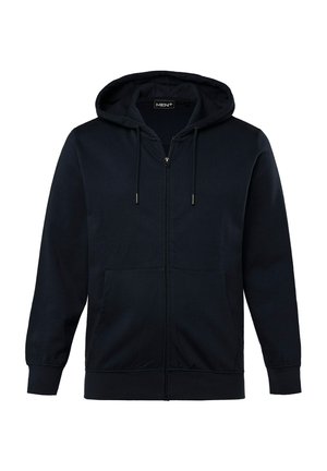 Navy sininen vetoketjullinen huppu, joka on valmistettu pehmeästä kankaasta. Siinä on nyörillä säädettävä huppu, etutaskut ja ribbaustekniikalla valmistetut hihansuut ja helma.