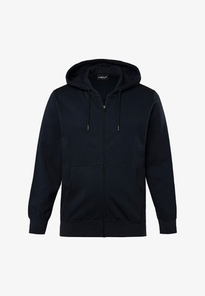Marineblauwe rits-hoodie van zacht materiaal, voorzien van een verstelbare capuchon, voorzakken en ribgebreide manchetten en zoom.