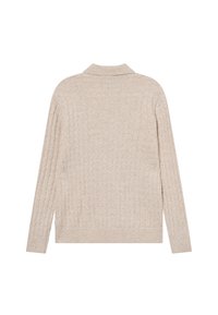 Beige adīts džemperis ar teksturētu režģa rakstu. Tam ir salocīts apkakle un garas piedurknes, kā arī taisna silueta forma.