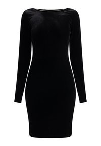 Abito in velluto nero con maniche lunghe, design aderente, scollo a barca e una linea decorativa di strass intorno al colletto.