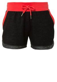 Shorts de sport noirs avec ceinture rouge et bordure latérale, lien de serrage, et revers gris roulés.