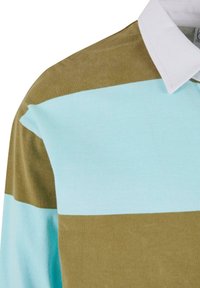 Svītrainā polo krekls gaiši zils un olīvzaļš ar baltu apkakli. Izgatavots no mīkstas auduma, ar plašām horizontālām svītrām.