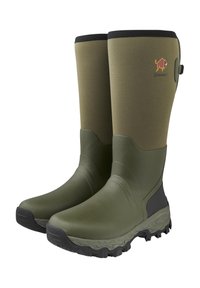 Green rubber boots with a textured black sole, featuring a smooth upper section and a cushioned ankle, accented by a logo.