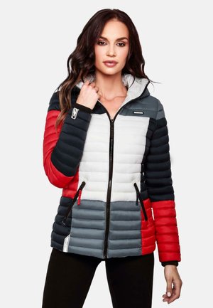 Puffer jacket in red, navy, grey, and white. Features vertical quilted design, hood, full zip front, and side pockets with zippers.