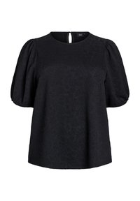 Blusa nera in tessuto con texture, maniche a sbuffo corte. Collo rotondo e dettaglio a chiave sulla schiena. Tessuto morbido, vestibilità rilassata e orlo dritto.