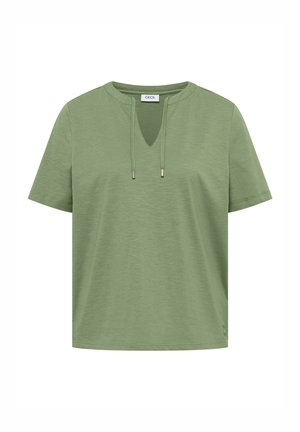 Light green short-sleeve T-shirt with a V-neck and drawstring ties, made of soft textured fabric.