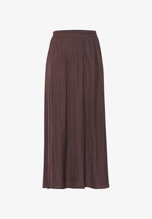 Lunga gonna leggera marrone con cintura elastica e una delicata texture, caratterizzata da una silhouette fluida a forma di A.