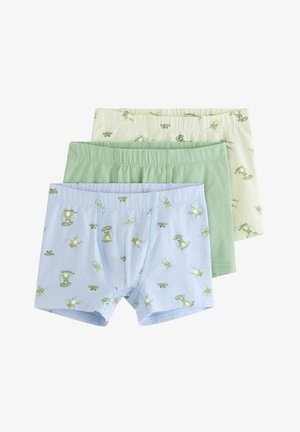 Kolme lasten bokserialushousua vaaleansinisinä ja kermaisinä, joissa on vihreä sammakon kuviot, sekä yksivärisen vaaleanvihreät, aseteltuna päällekkäin valkoisella taustalla.