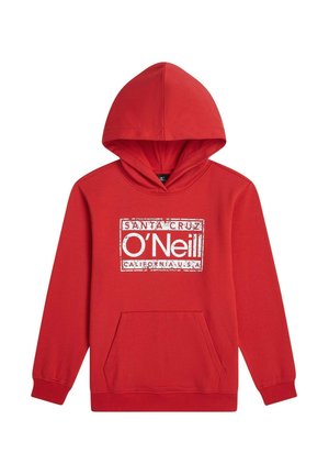 Roter Kapuzenpullover aus Baumwolle mit langen Ärmeln, einer Fronttasche und einem weißen Grafikdruck mit der Aufschrift "Santa Cruz O'Neill California USA" auf der Brust.