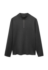 Top negro de manga larga con cuello simulacro y cierre de media cremallera. Hecho de tela suave con una textura lisa y un ajuste relajado.