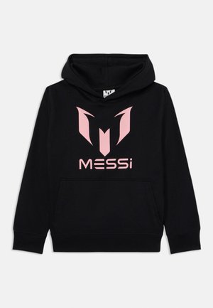 Black hoodie made of soft fabric featuring a pink logo design on the front. It has a kangaroo pocket and a drawstring hood.