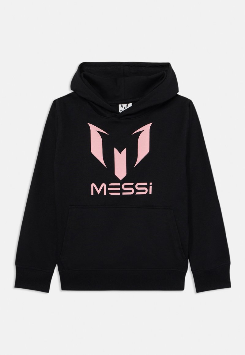 Felpa nera con cappuccio realizzata in tessuto morbido, caratterizzata da un logo rosa sul davanti. Presenta una tasca a marsupio e un cappuccio regolabile con cordino.
