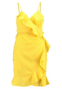 Gelbes ärmelloses Wickelkleid mit Rüschendetails, Spaghettiträgern und asymmetrischem Saum.