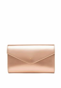 Kopparrosa metallisk kuvertclutch med et elegant design, glat overflade og diskrete søm detaljer. Har et logo på fronten.
