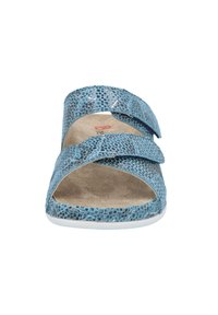 Blue reptile-textured slide sandal with two adjustable straps and a flat, cushioned insole, featuring a white outsole.