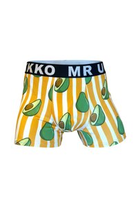Herren-Boxershorts mit gelben und weißen vertikalen Streifen und Avocado-Motiven, mit einem schwarzen Bund mit weißem Text.