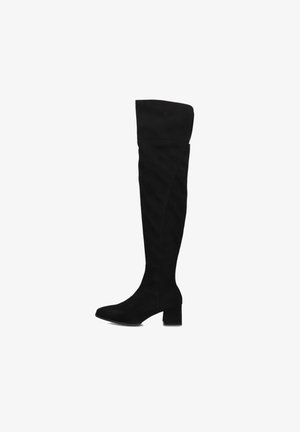 Black over-the-knee boots made of soft fabric, featuring a pointed toe and a block heel, with a folded top for a relaxed design.