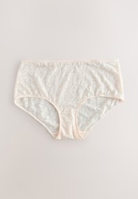 Krajkové spodné prádlo vo svetloružovej farbe s kvetinovým vzorom, s hladkým povrchom a elastickým pásom. Stredne vysoký pás s úplným zakrytím.