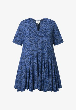 Kurzes Kleid mit blauen und navyfarbenen Mustern, V-Ausschnitt und gefaltetem Rockdetail. Aus weichem, leichtem Stoff gefertigt.