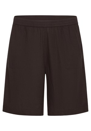 Fekete, kényelmes rövidnadrág, gumírozott derékrésszel és elülső zsebekkel, térd középig érő, lazább szabású.