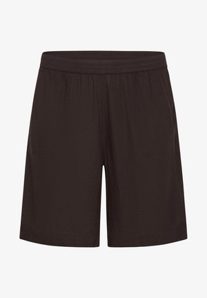 Fekete, kényelmes rövidnadrág, gumírozott derékrésszel és elülső zsebekkel, térd középig érő, lazább szabású.