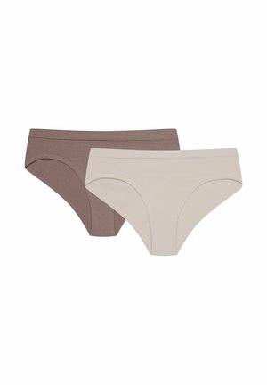 Two pairs of women's briefs: one in soft brown and one in light beige. Made from a smooth, stretchy fabric with elasticized waistbands.