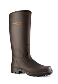 Brown rubber knee-high boot with textured surface, reinforced toe, and a sturdy tread sole. Features "Dunlop Purofort" logo in orange.