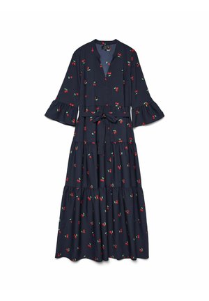 Navy blue dress with a V-neck, tiered design, ruffled sleeves, and a tie belt. Features a cherry pattern throughout. Made from lightweight fabric.